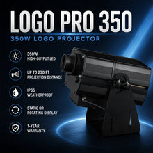 Product overview graphic for the SurgeFX Logo Pro 350 highlighting 350W LED power, crisp HD projection, IP65 weatherproof construction, 230 foot projection distance, and 1-year warranty