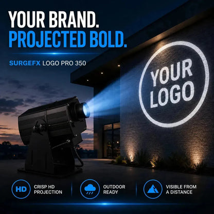Hero image showing the SurgeFX Logo Pro 350 projecting a bold logo from the front lens onto a building at dusk