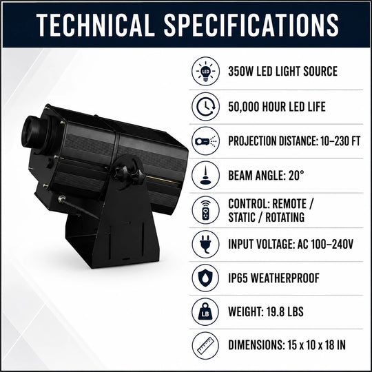 Technical specifications graphic for the SurgeFX Logo Pro 350 showing 350W LED, 50,000 hour LED life, 10 to 230 foot projection distance, 20 degree beam angle, IP65 rating, weight, and dimensions