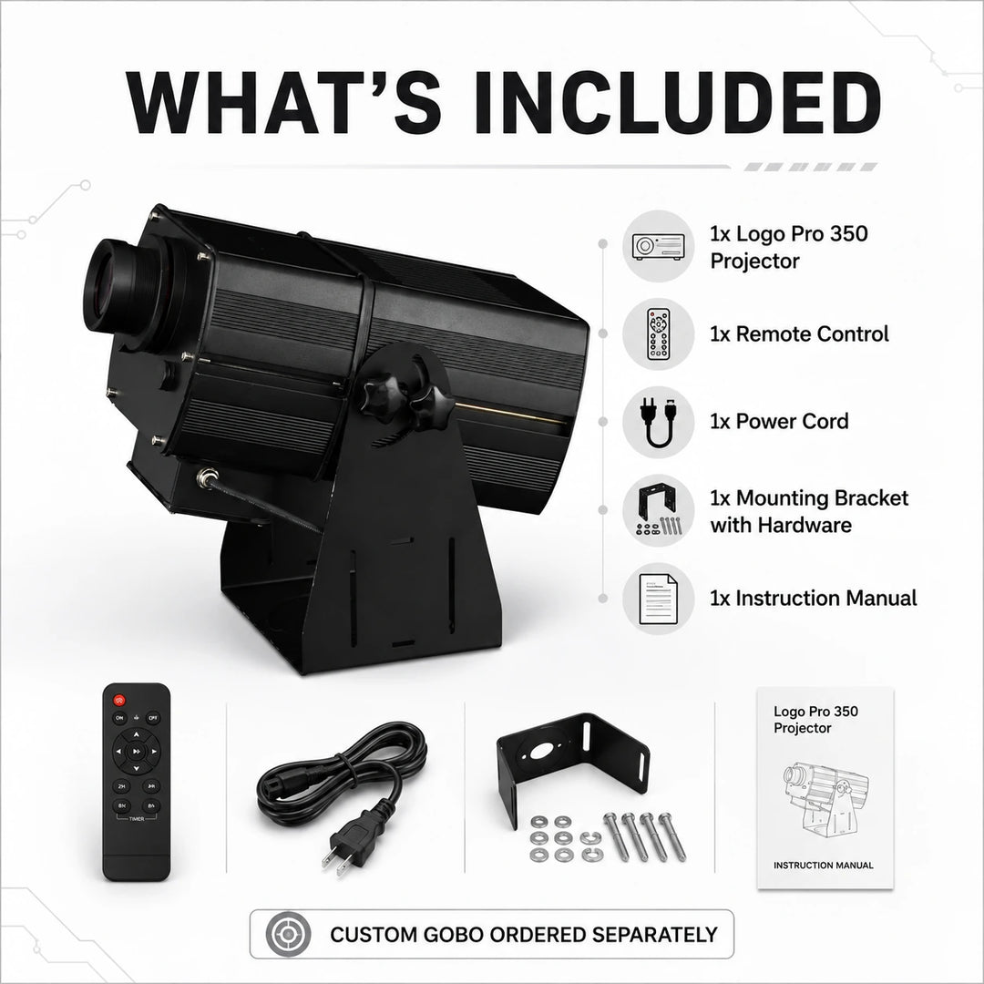 What’s included graphic for the SurgeFX Logo Pro 350 showing the projector, remote control, power cord, mounting bracket with hardware, and instruction manual