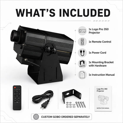 What’s included graphic for the SurgeFX Logo Pro 350 showing the projector, remote control, power cord, mounting bracket with hardware, and instruction manual