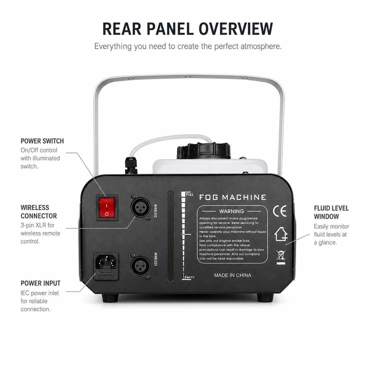 Nebulon 1500 fog machine rear panel overview with controls and connections.