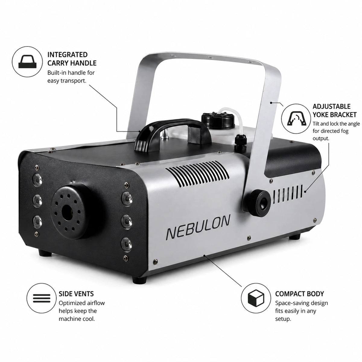 Nebulon 1500 fog machine portable design for DJs, venues, and event production.