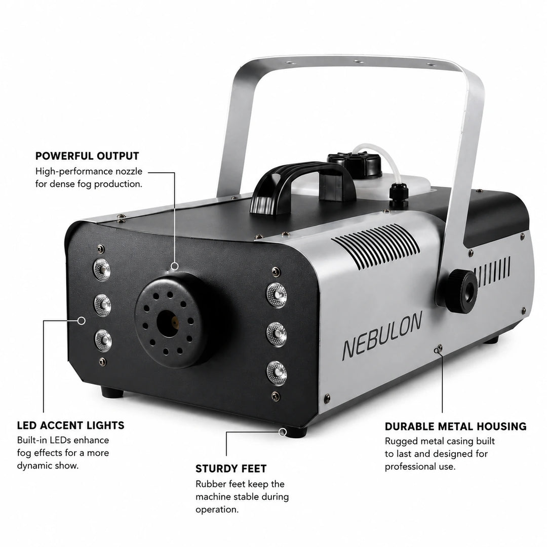Nebulon 1500 fog machine highlighting fog output and integrated LED feature details.