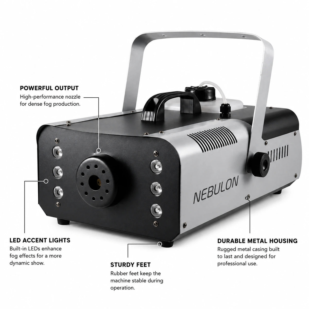 Nebulon 1500 fog machine highlighting fog output and integrated LED feature details.