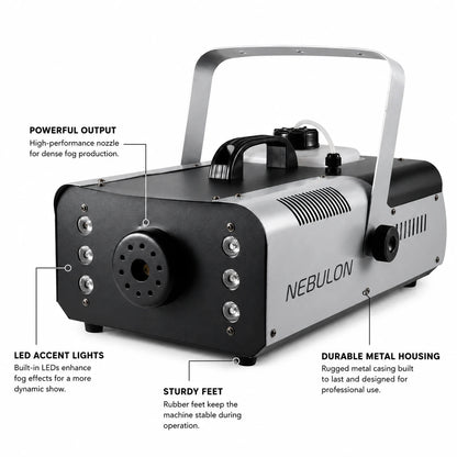 Nebulon 1500 fog machine highlighting fog output and integrated LED feature details.