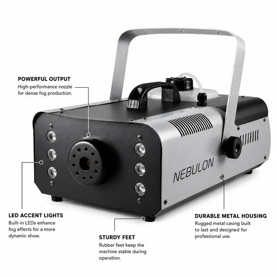 Nebulon 1500 fog machine highlighting fog output and integrated LED feature details.