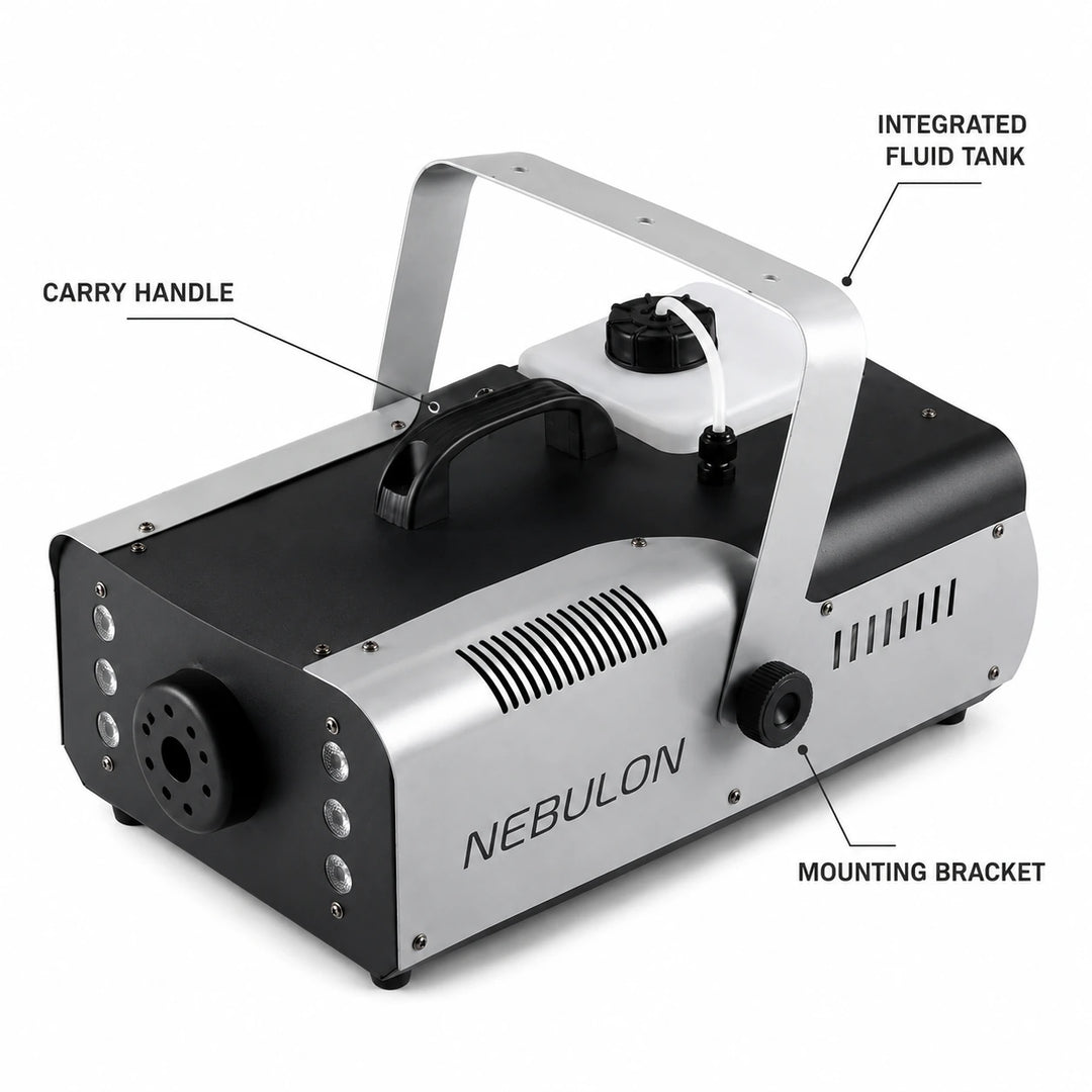 Nebulon 1500 fog machine showing fluid tank, carry handle, and mounting bracket details.