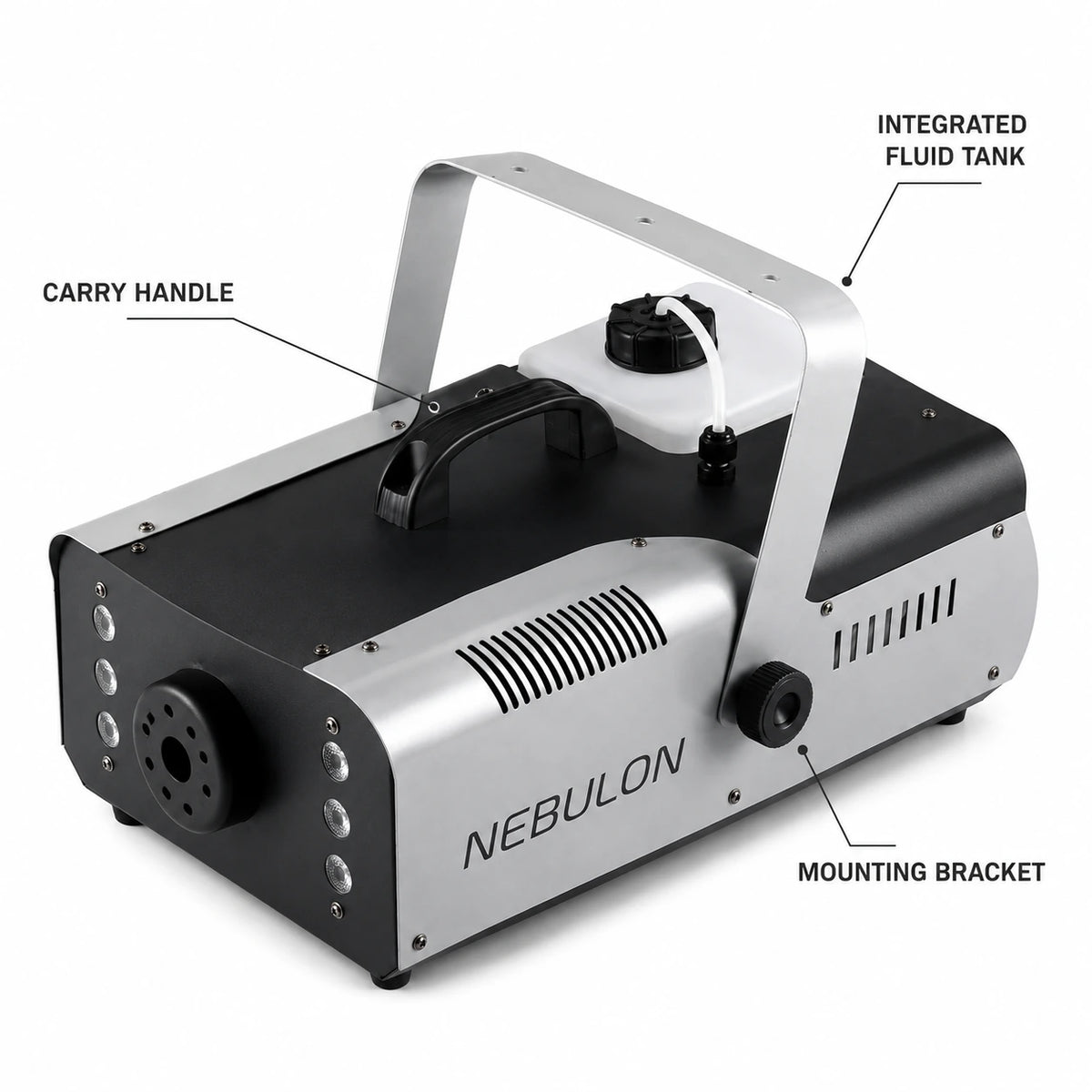 Nebulon 1500 fog machine showing fluid tank, carry handle, and mounting bracket details.