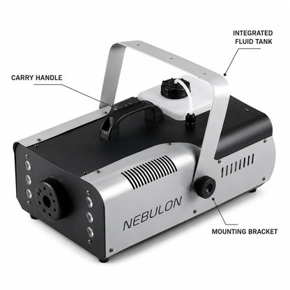 Nebulon 1500 fog machine showing fluid tank, carry handle, and mounting bracket details.