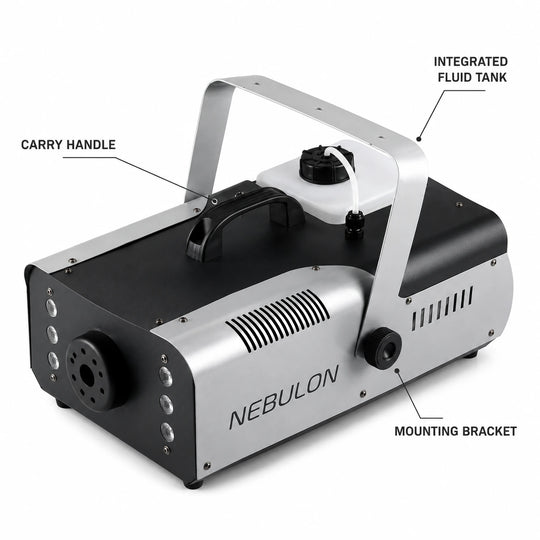 Nebulon 1500 fog machine showing fluid tank, carry handle, and mounting bracket details.