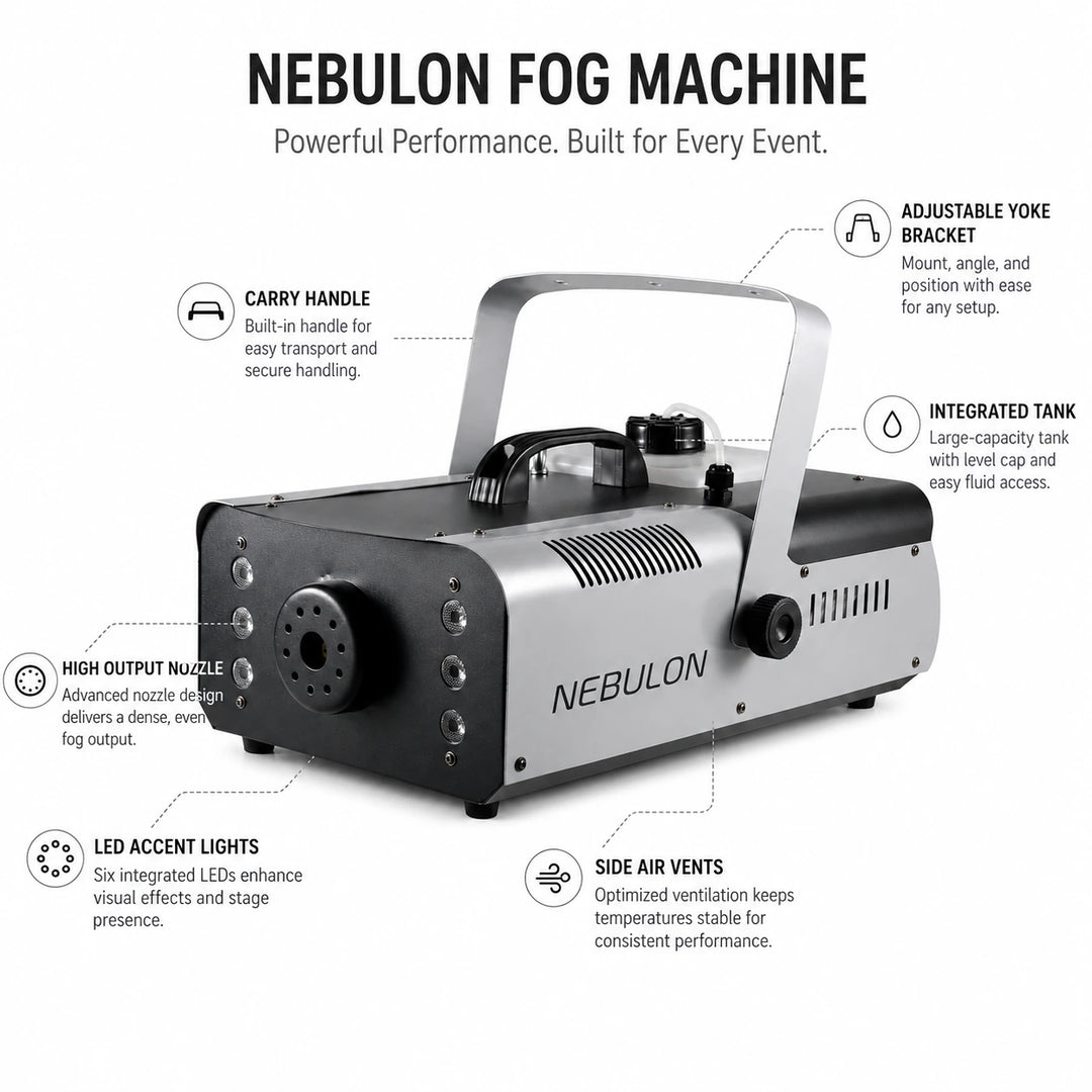 Nebulon 1500 fog machine key features for professional event fog effects.