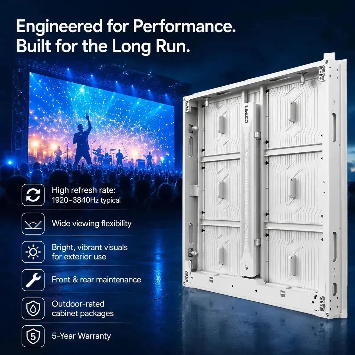Performance hero image showing outdoor LED video wall panels in a live event environment with key performance benefits and 5-year warranty