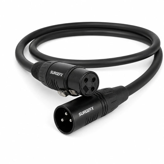 SurgeFX Pro DMX Cable 3-pin XLR cable with male and female connectors on a clean white background