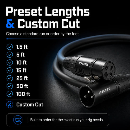 Preset lengths and custom cut graphic for SurgeFX Pro DMX Cable showing 1.5 ft, 5 ft, 10 ft, 15 ft, 25 ft, 50 ft, 100 ft, and custom cut by the foot