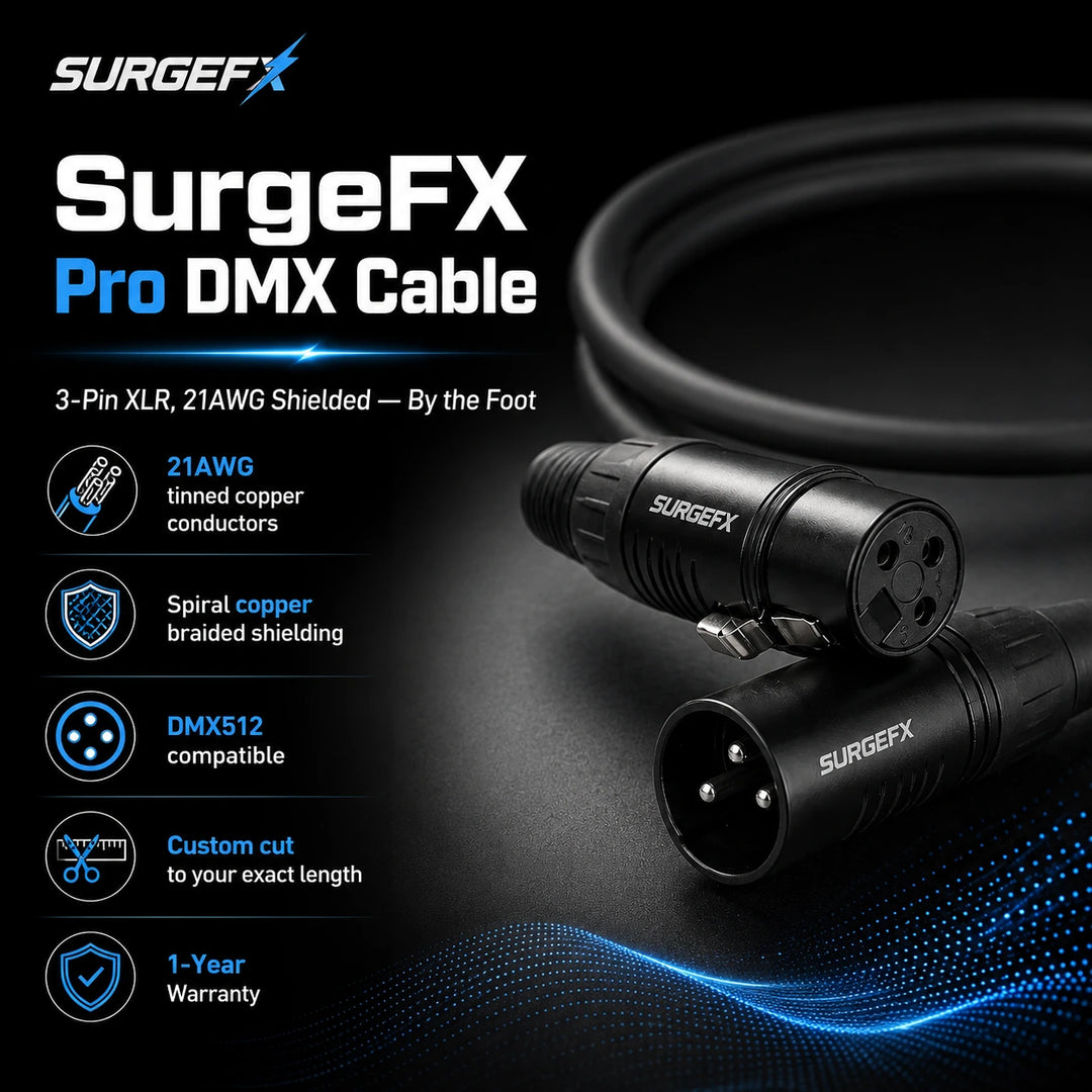Product overview graphic for SurgeFX Pro DMX Cable showing 3-pin XLR, 21AWG tinned copper conductors, spiral copper braided shielding, DMX512 compatibility, custom cut lengths, and 1-year warranty