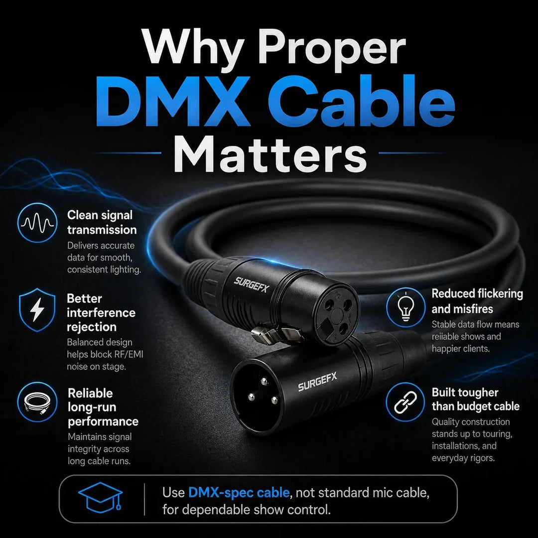 Why proper DMX cable matters graphic explaining clean signal transmission, better interference rejection, reliable long-run performance, reduced flickering and misfires, and tougher construction