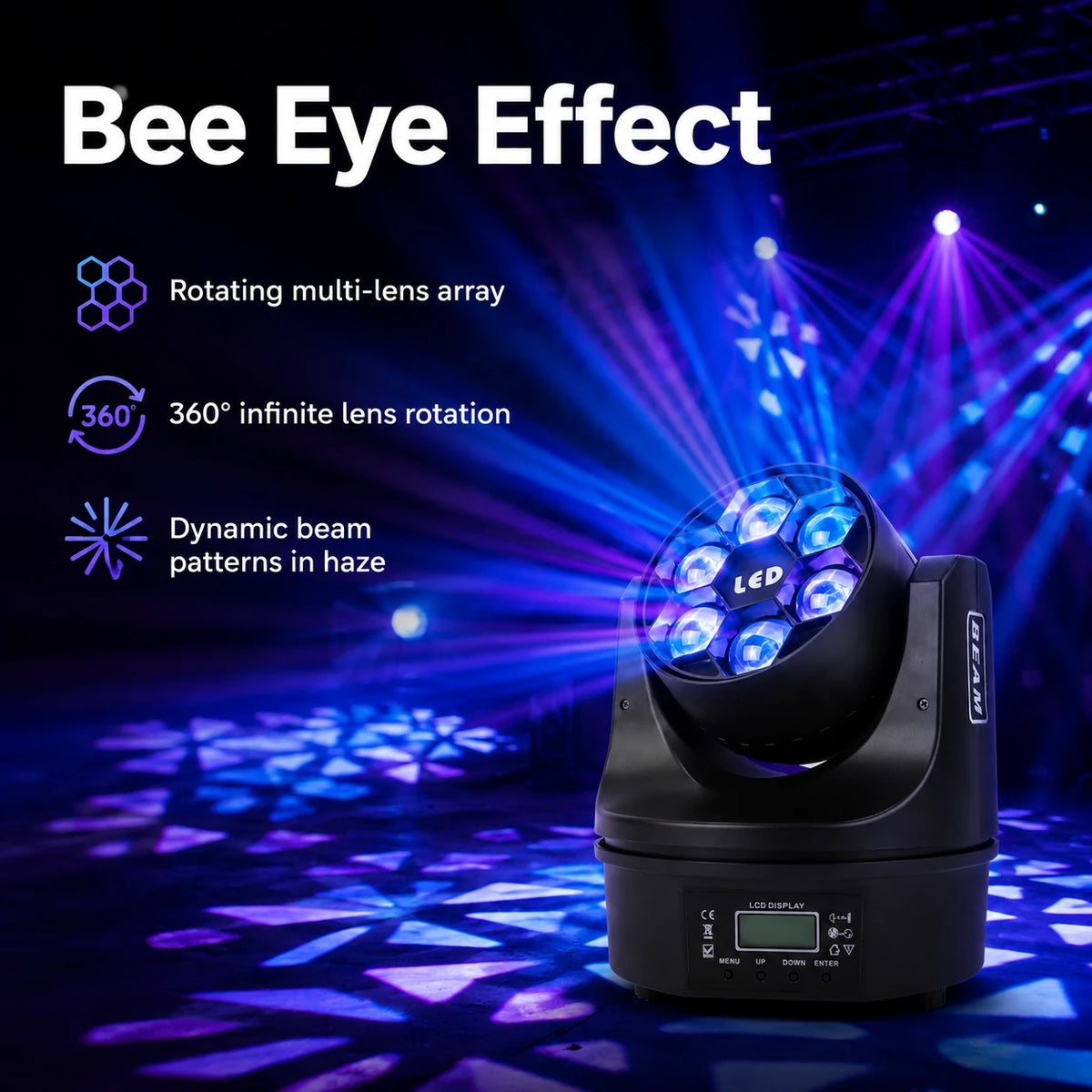 SF-BE615 mini bee eye moving head light demonstrating rotating multi-lens bee eye beam effects.