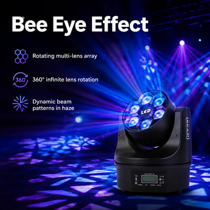 SF-BE615 mini bee eye moving head light demonstrating rotating multi-lens bee eye beam effects.