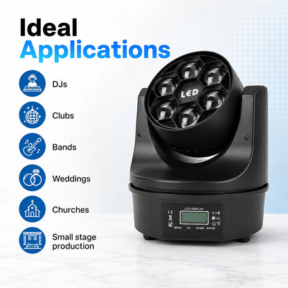 SF-BE615 mini bee eye LED moving head light ideal applications including DJs, clubs, bands, weddings, churches, and small stage production.