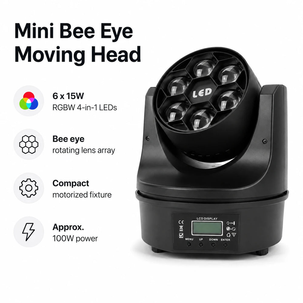 SF-BE615 mini bee eye LED moving head light overview with key product feature callouts.