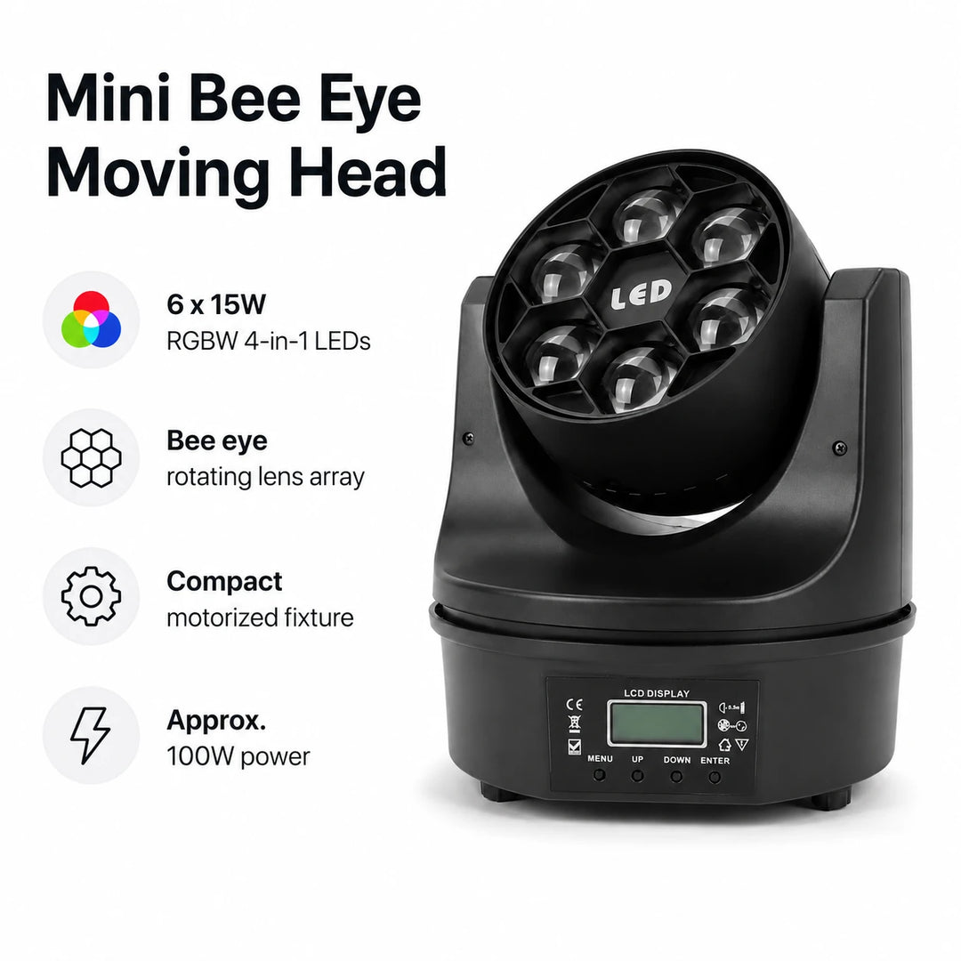 SF-BE615 mini bee eye LED moving head light overview with key product feature callouts.