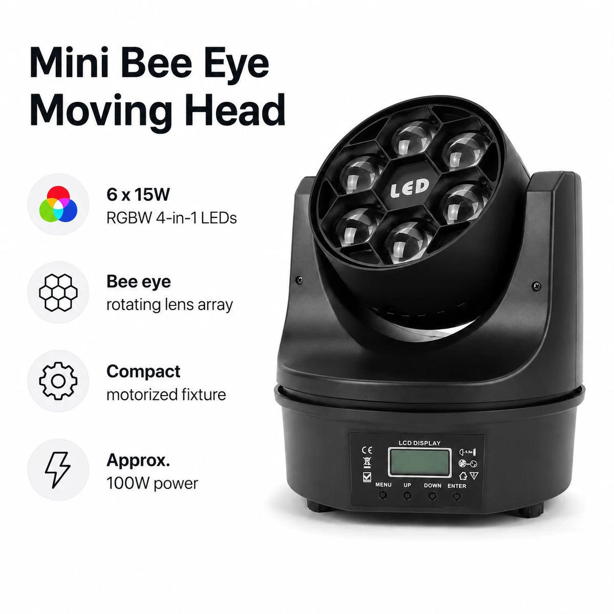 SF-BE615 mini bee eye LED moving head light overview with key product feature callouts.