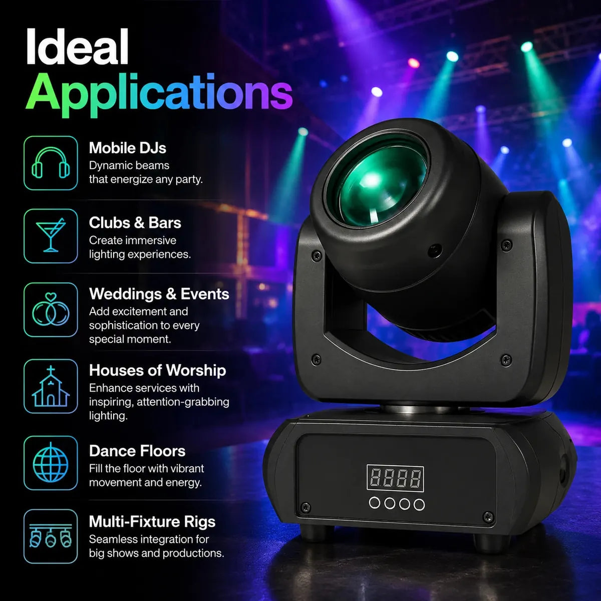 SurgeFX LED beam moving head light applications for DJs stages events and venues
