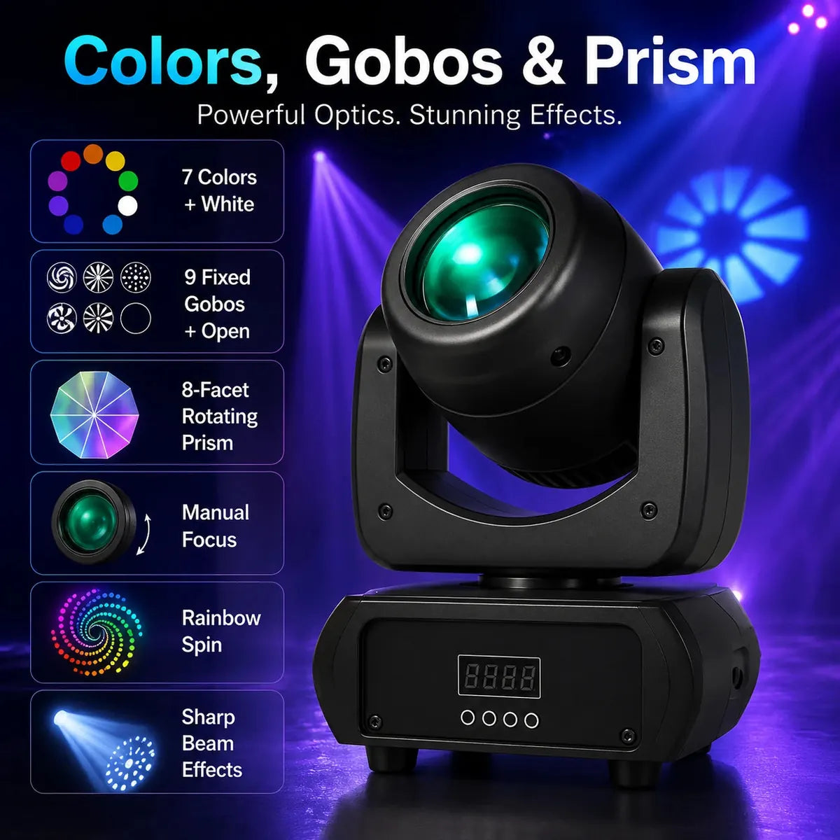 SurgeFX LED beam moving head light colors gobos and prism effects infographic