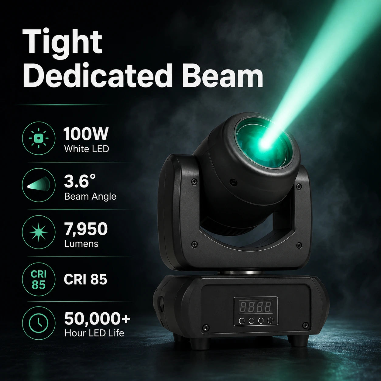 SurgeFX LED beam moving head light with high-performance beam effects infographic