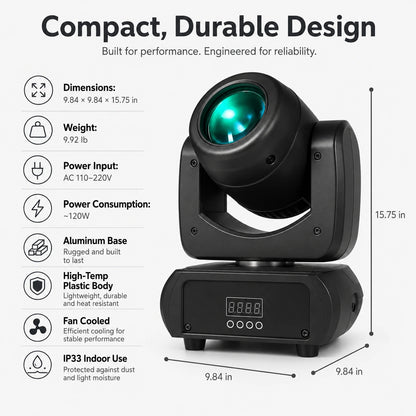 SurgeFX LED beam moving head light specifications and dimensions infographic