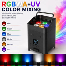 SurgeFX wireless battery powered uplight RGBWA plus UV color mixing infographic