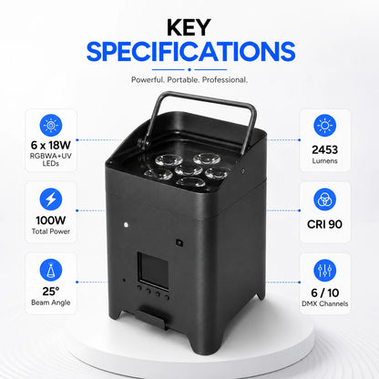 SurgeFX wireless battery powered uplight key specifications infographic
