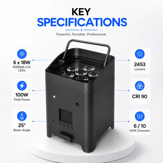 SurgeFX wireless battery powered uplight key specifications infographic