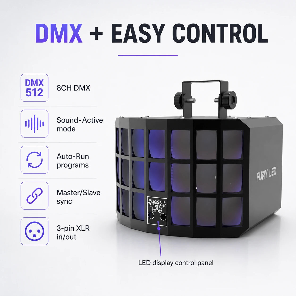 SF-DL2000 derby light showing DMX512, sound-active, auto-run, and master-slave control modes.