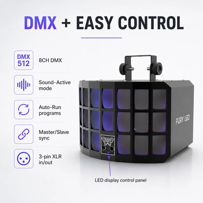 SF-DL2000 derby light showing DMX512, sound-active, auto-run, and master-slave control modes.
