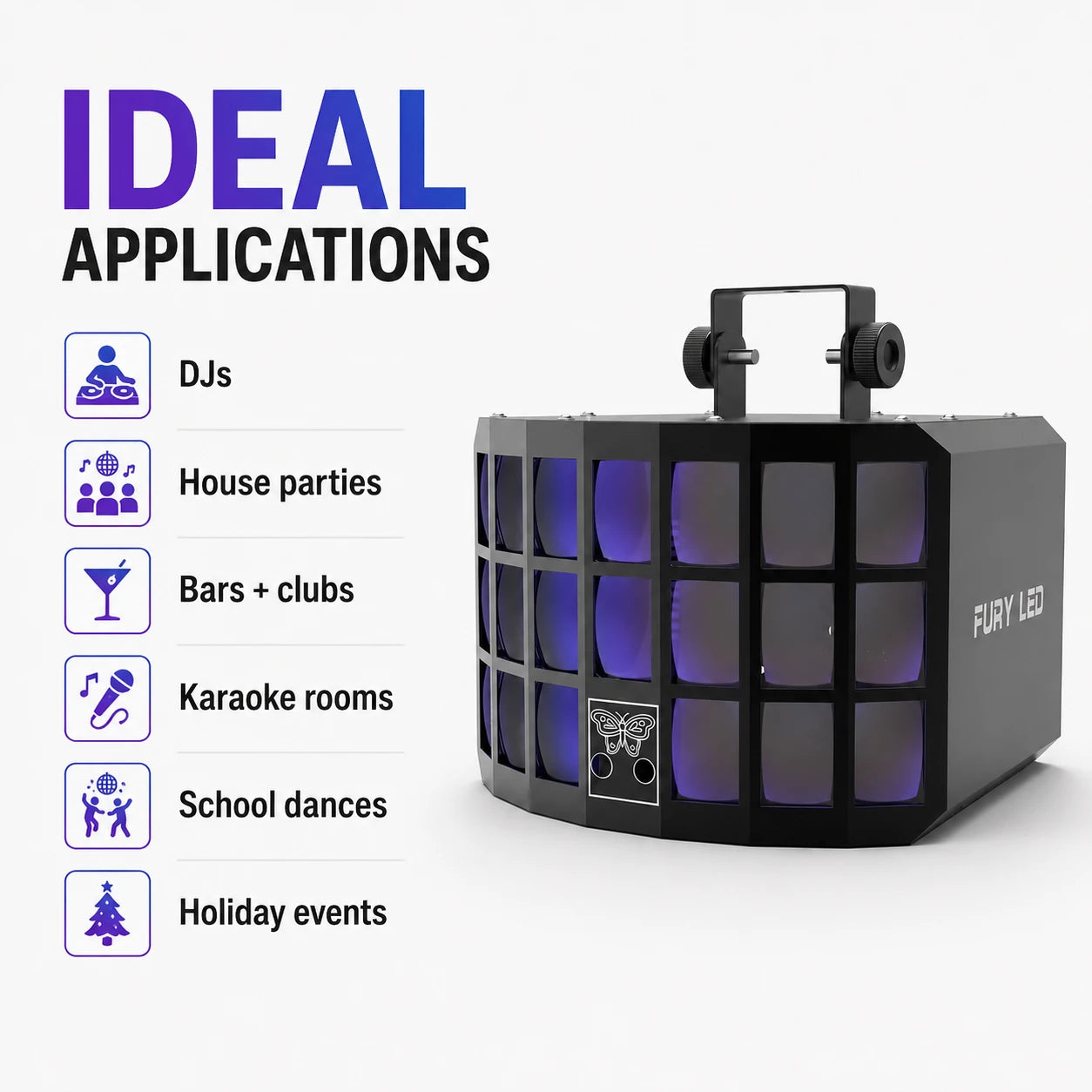 SF-DL2000 derby light ideal applications including DJs, house parties, bars, clubs, karaoke rooms, school dances, and holiday events.
