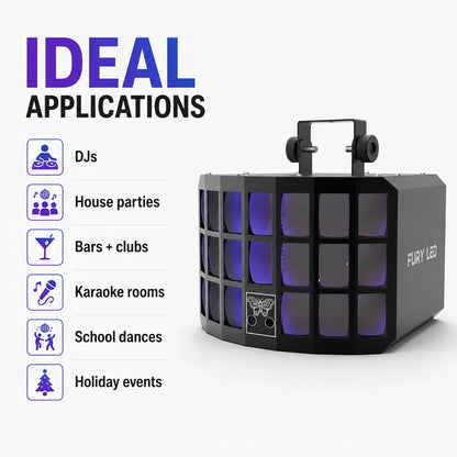 SF-DL2000 derby light ideal applications including DJs, house parties, bars, clubs, karaoke rooms, school dances, and holiday events.