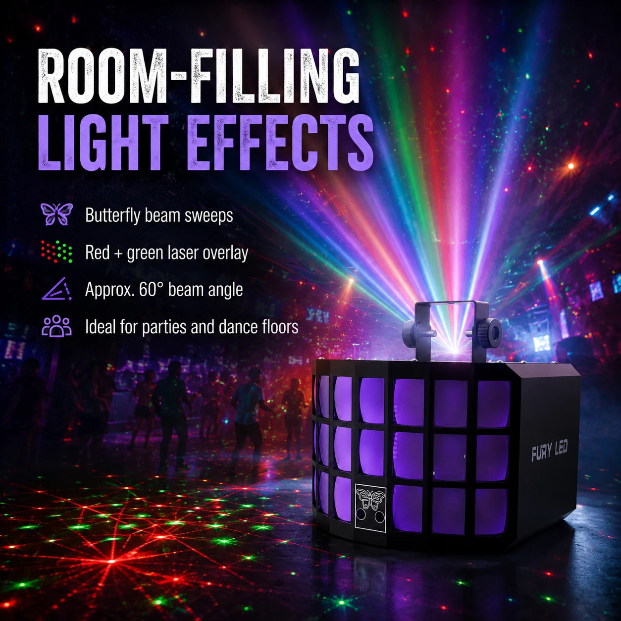 SF-DL2000 derby light creating room-filling RGBW butterfly beams and red and green laser effects.