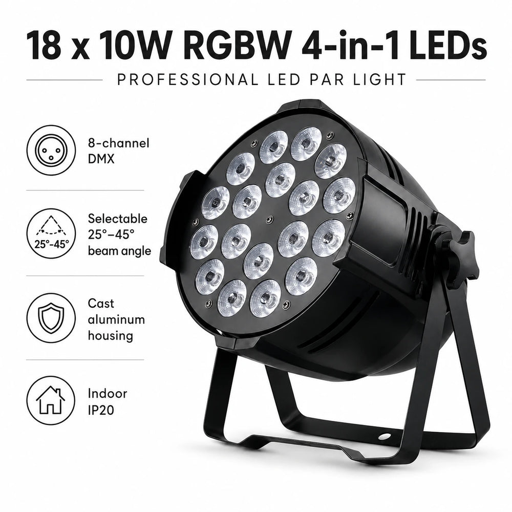SF-PR1810 LED par light with 18 x 10W RGBW 4-in-1 LED feature callouts.