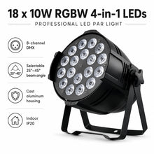 SF-PR1810 LED par light with 18 x 10W RGBW 4-in-1 LED feature callouts.
