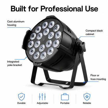 SF-PR1810 LED par light with professional construction and mounting feature highlights.