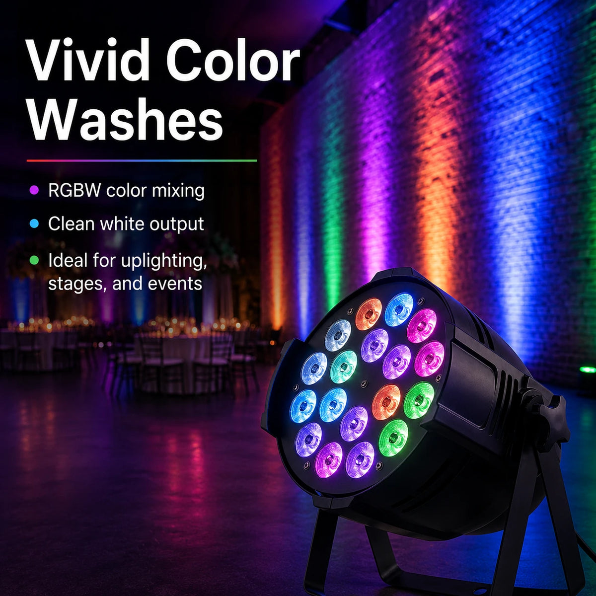 SF-PR1810 LED par light creating vivid color washes for events and uplighting.