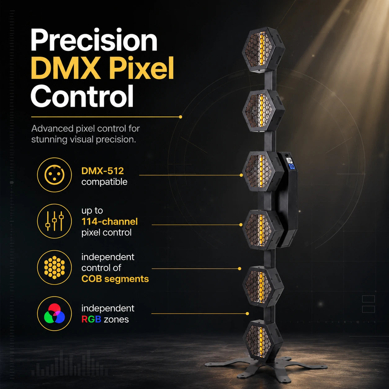 Infographic focused on lighting control technology and performance features of the retro lamp tower.