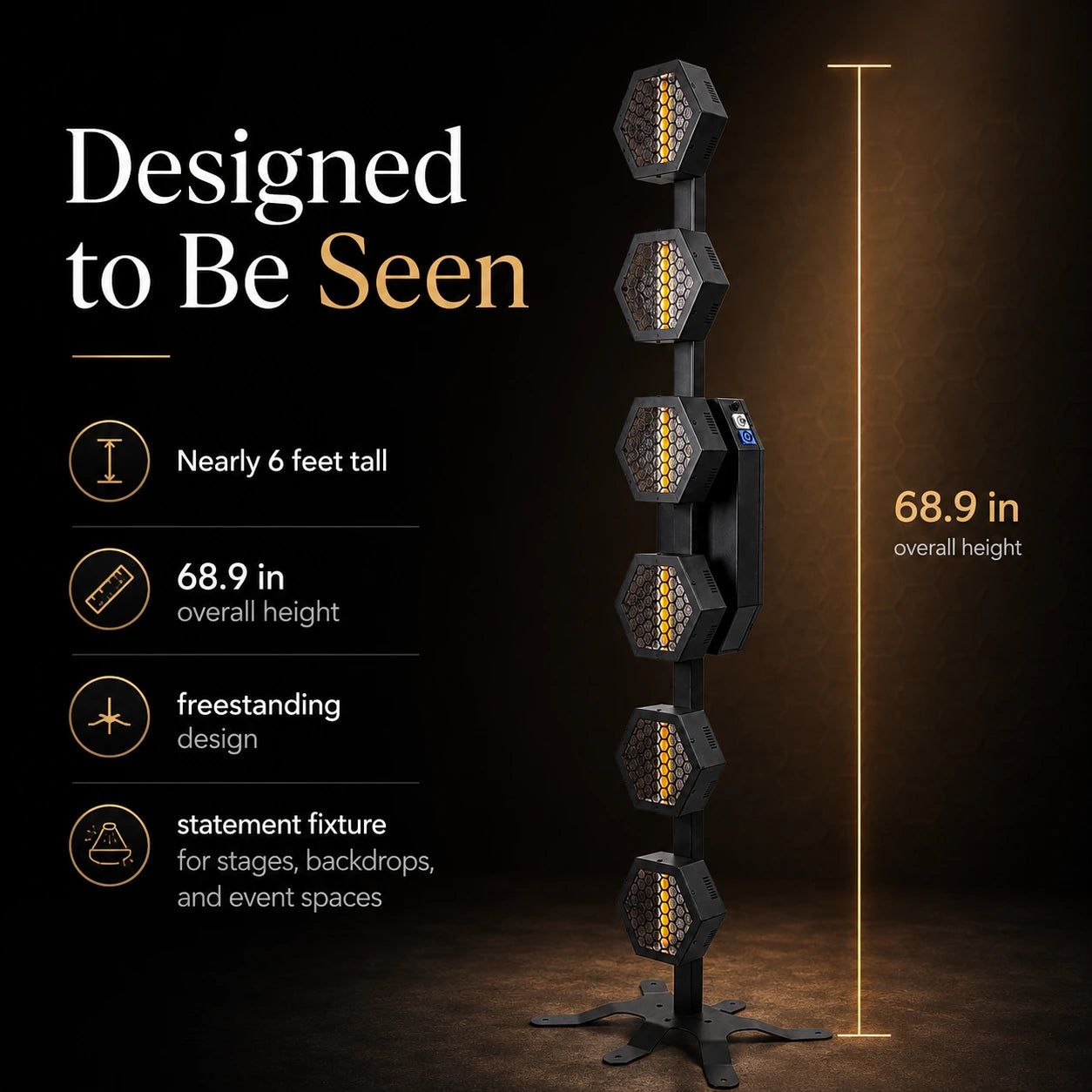 Infographic highlighting the stylish design and visual appeal of the retro lamp tower for events and productions.
