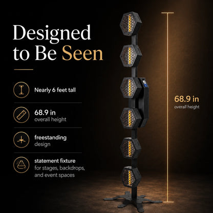 Infographic highlighting the stylish design and visual appeal of the retro lamp tower for events and productions.