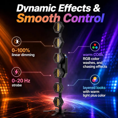 Feature graphic showing dynamic lighting effects and control flexibility for the retro lamp tower.