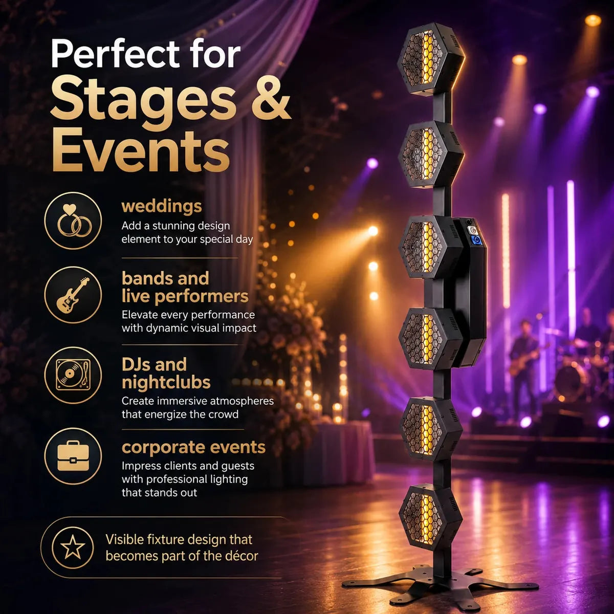 Marketing image showing elegant event lighting applications and venue use cases for the retro lamp tower.
