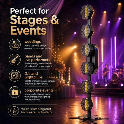 Marketing image showing elegant event lighting applications and venue use cases for the retro lamp tower.