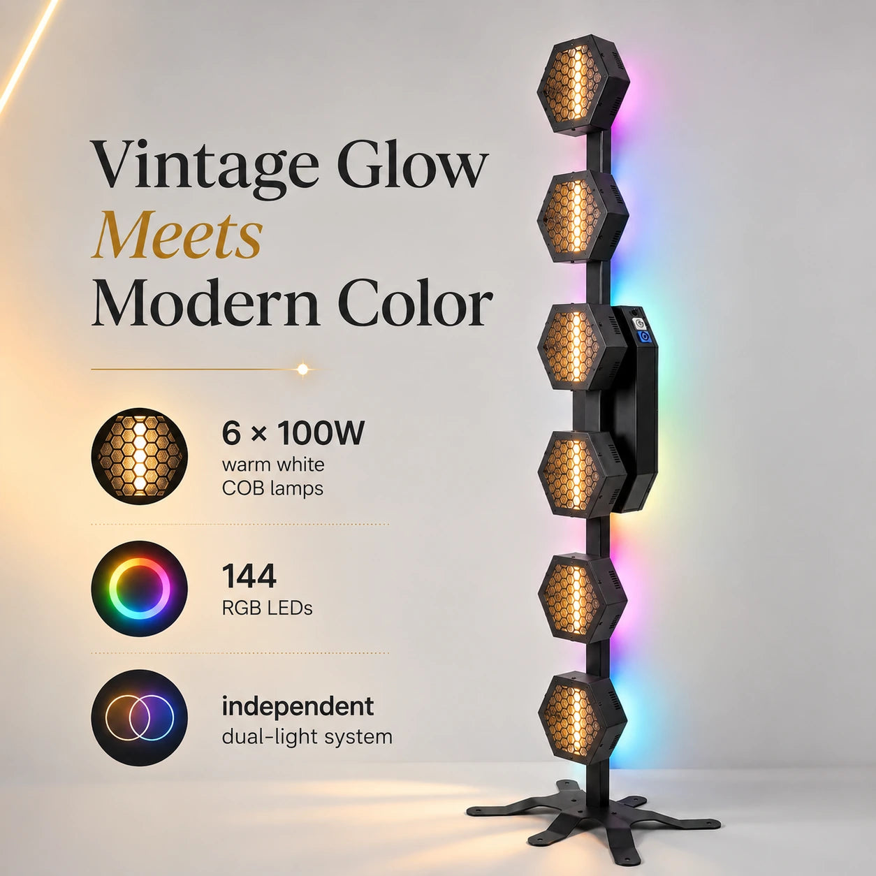 Retro lamp tower showing a vintage-inspired lighting aesthetic with modern color output and stylish presentation.